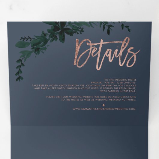 Roos goudschrift Floral blue elegant bruiloft Drieluik Uitnodiging (Binnenzijde eerst)