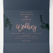 Roos goudschrift Floral blue elegant bruiloft Drieluik Uitnodiging (Binnenkant midden)