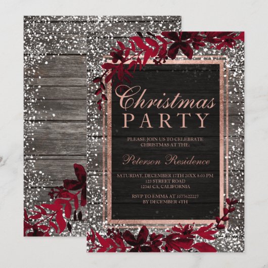 Roos goudschrift rood bladsneeuw Kerstmis Kaart (Voorkant / Achterkant)