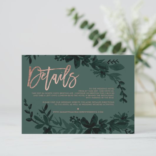 Roos goudscript Floral green bruiloft direction Informatiekaartje (Staand voorkant)