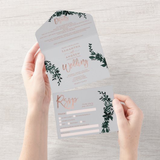Roos goudscript Floral grijs elegant bruiloft All In One Uitnodiging (Afscheurbaar)