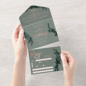 Roos goudscript Floral sage green elegant bruiloft All In One Uitnodiging (Afscheurbaar)