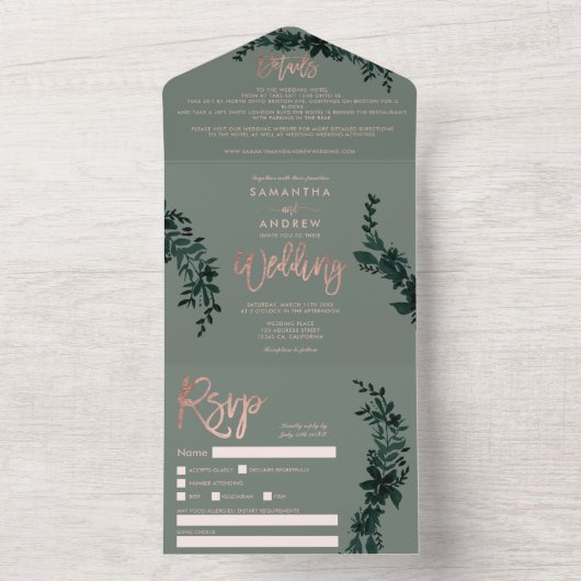 Roos goudscript Floral sage green elegant bruiloft All In One Uitnodiging (Binnen)