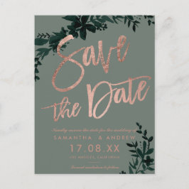 Roos goudscript Floral sage green save the date Aankondigingskaart