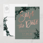 Roos goudscript Floral sage green save the date Aankondigingskaart (Voorkant / Achterkant)
