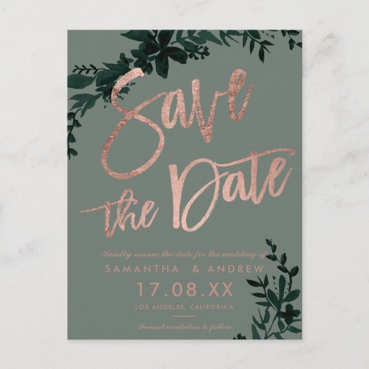 Roos goudscript Floral sage green save the date Aankondigingskaart (Voorkant)