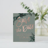 Roos goudscript Floral sage green save the date Aankondigingskaart (Staand voorkant)