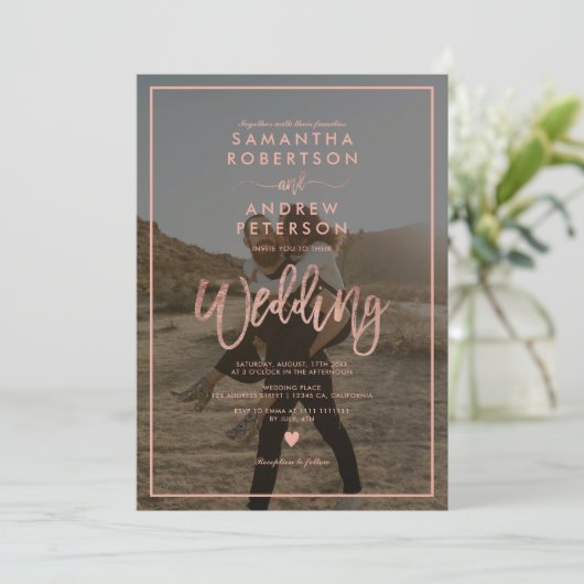 Roos goudscript lijst foto bruiloft kaart (Staand voorkant)