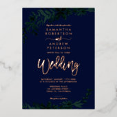 Roos goudscripttypografie Floral green bruiloft Folie Uitnodiging (Voorkant)