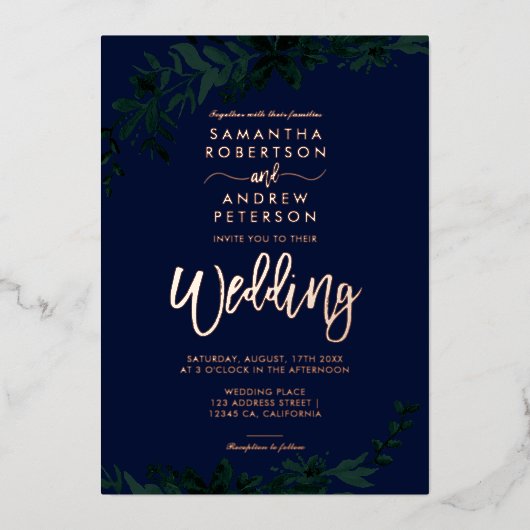 Roos goudscripttypografie Floral green bruiloft Folie Uitnodiging (Voorkant)