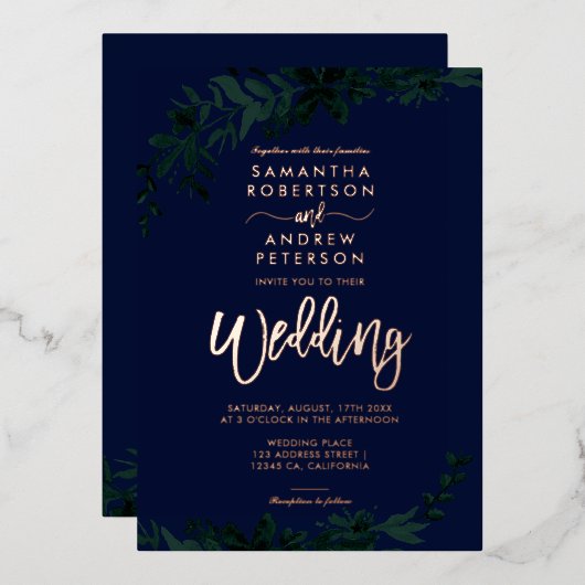 Roos goudscripttypografie Floral green bruiloft Folie Uitnodiging (Voorkant / Achterkant)