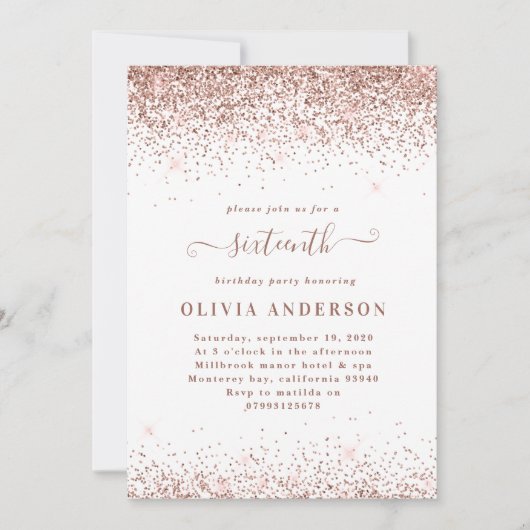 Roos goudsparkle glitter girly script 16 verjaarda kaart (Voorkant)