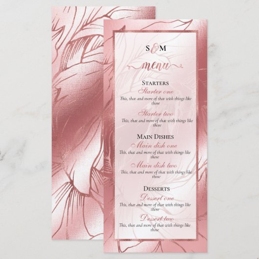 Roos goudstof roos roze elegante klassieke bruilof menu (Voorkant / Achterkant)