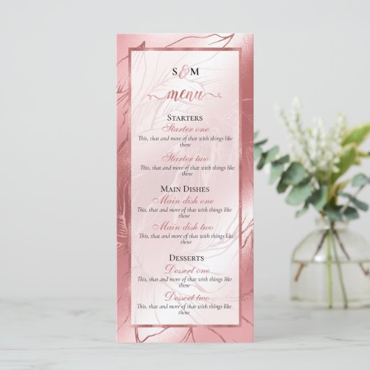 Roos goudstof roos roze elegante klassieke bruilof menu (Staand voorkant)