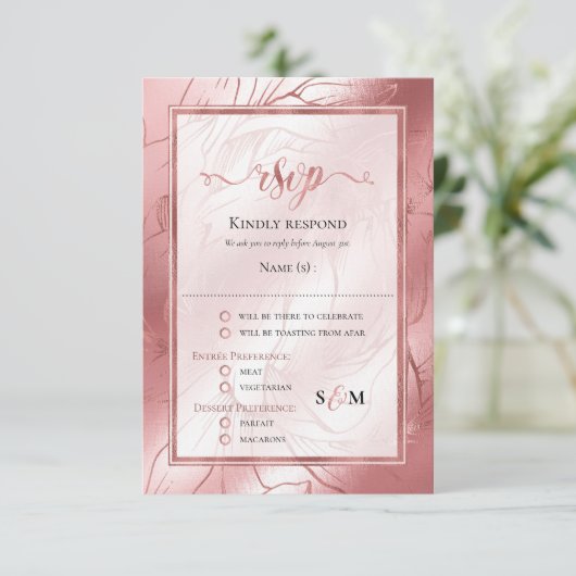 Roos goudstof roos roze rsvp reactiekaart (Staand voorkant)