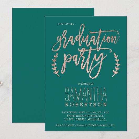 Roos goudtipografie emerald graduatie party kaart (Voorkant / Achterkant)