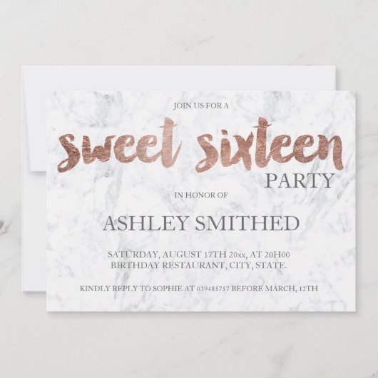 Roos goudtipografie marmer Sweet 16 Kaart (Voorkant)