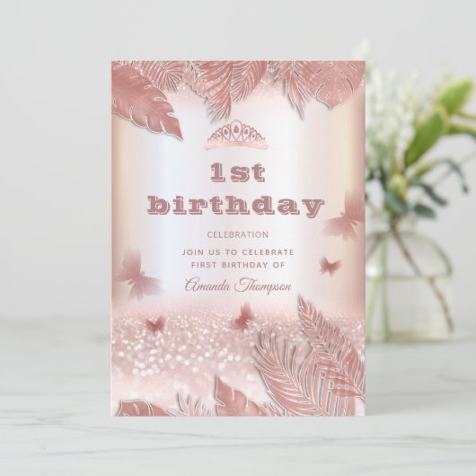 Roos goudtropische bladeren glitter butterfly tiar kaart (Staand voorkant)