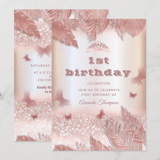 Roos goudtropische bladeren glitter butterfly tiar kaart (Voorkant / Achterkant)