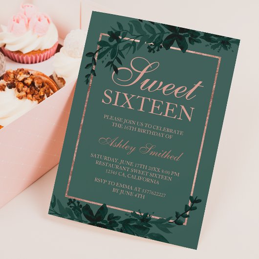 Roos goudtypografie Floral green leaf Sweet 16 Kaart