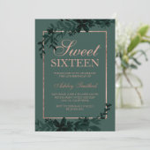 Roos goudtypografie Floral green leaf Sweet 16 Kaart (Staand voorkant)