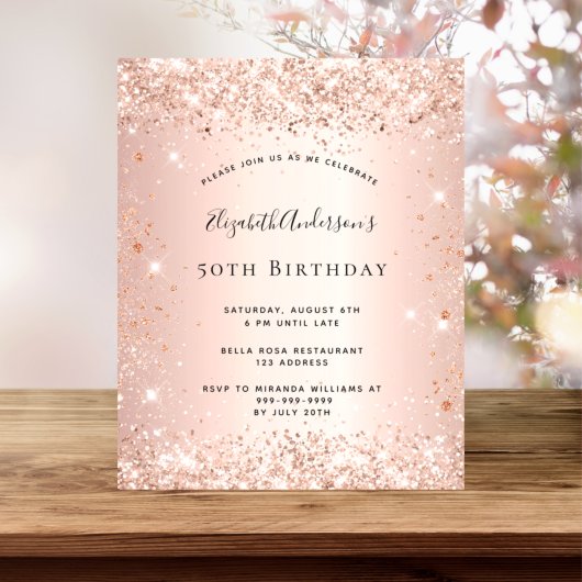 Roos gouduitnodiging voor budgetverjaardag