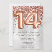 Roos Goudzilver 14e Verjaardagsfeestuitnodiging Kaart (Voorkant)