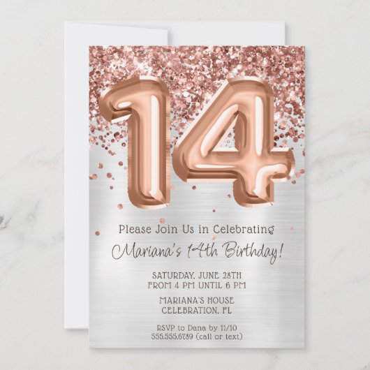 Roos Goudzilver 14e Verjaardagsfeestuitnodiging Kaart (Voorkant)