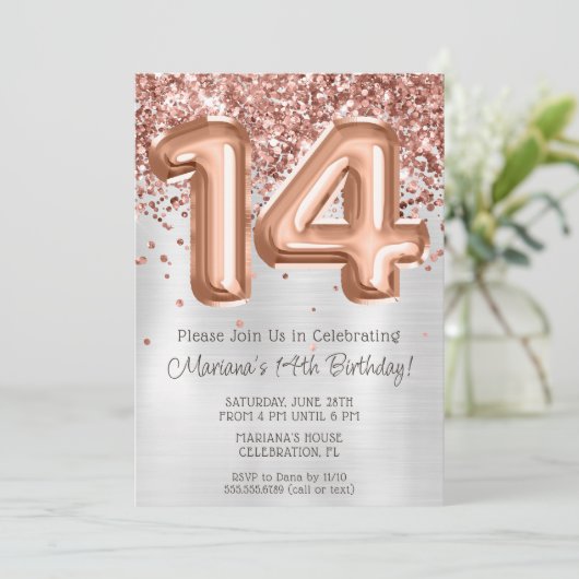 Roos Goudzilver 14e Verjaardagsfeestuitnodiging Kaart (Staand voorkant)