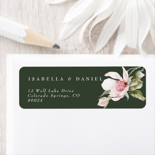 Roos Green Magnolia Wedding Return Address Label (Insitu)