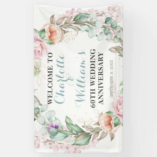 Roos Greenery 60th Diamond Wedding Jubileum Spandoek (Verticaal)