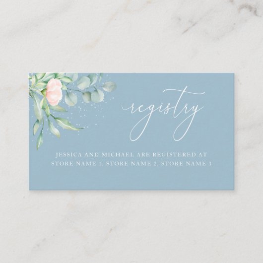 Roos Greenery Elegant Dusty Blue Wedding Registry Informatiekaartje (Voorkant)