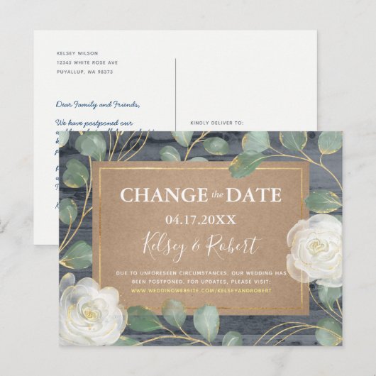 Roos Greenery Wood Rustic Wedding Verander de datu Aankondigingskaart (Voorkant / Achterkant)