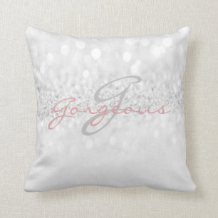 Roos Grey Girly Glitter Silver Monogram Naam Kussen