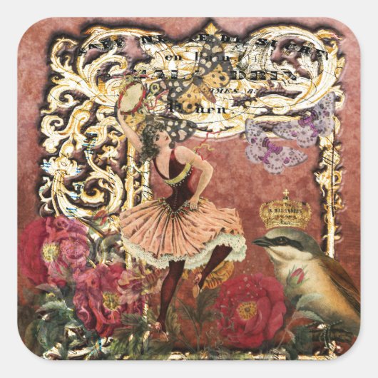 Roos Gypsy Dancer Franse Collage Vierkante Sticker (Voorkant)