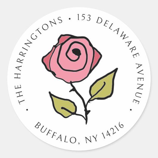 Roos Handgetekende Bloemen retouradres Ronde Sticker (Voorkant)