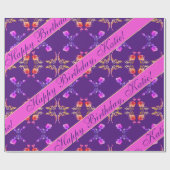 roos "Happy Birthday" Harten op Paars Cadeaupapier (Vlak)