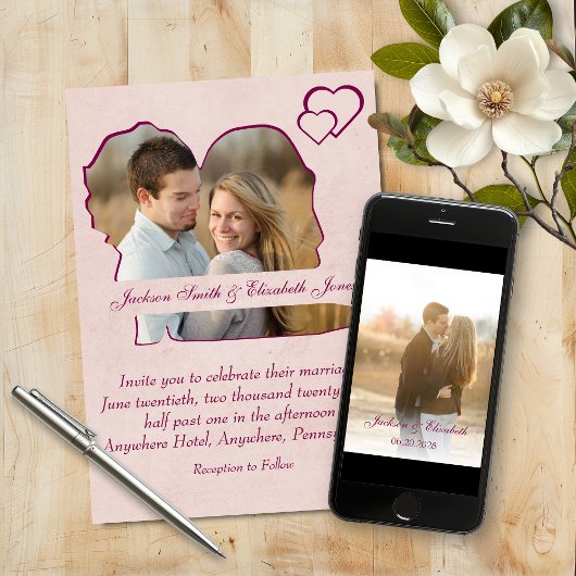 Roos Harten Bruid en Bruidegom Vorm Fotobruiloft Kaart