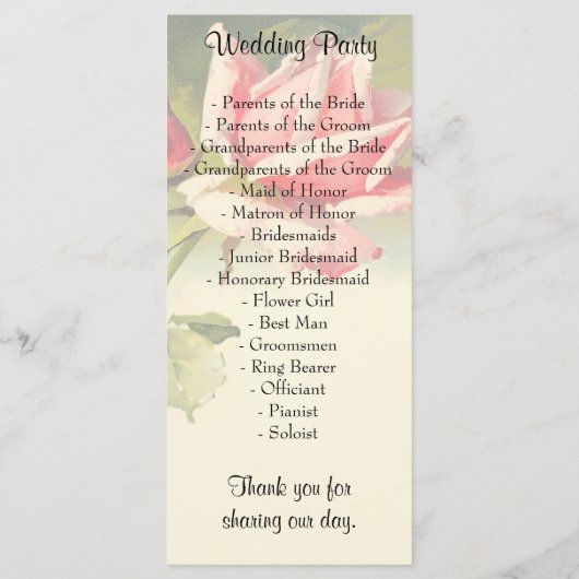 Roos huwelijksprogramma's Programmakaart (Achterkant)