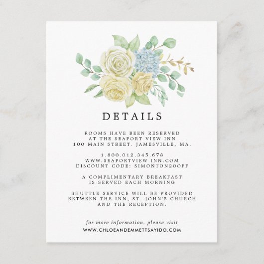 Roos Hydrangea Floral Wedding Gastengegevens Informatiekaartje (Voorkant)