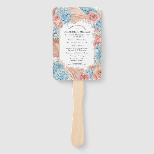 Roos Hydrangea Trouwprogramma Hand Fan Handwaaier (Voorkant)