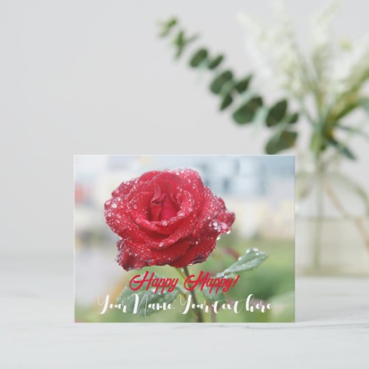 Roos in regendruppels feestdagenkaart (Staand voorkant)