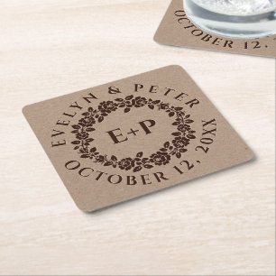 Roos in reliëf op trouwe kraftpapier kartonnen onderzetters