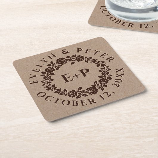 Roos in reliëf op trouwe kraftpapier kartonnen onderzetters (Schuin)