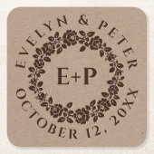 Roos in reliëf op trouwe kraftpapier kartonnen onderzetters (Voorkant)