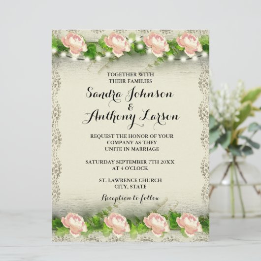 Roos & Kant bruiloft uitnodiging (Staand voorkant)