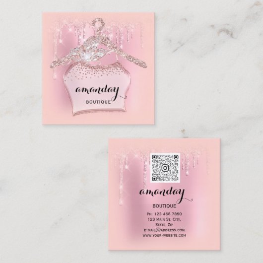 Roos Kleding bedreigde Mode Roze Drip QR Vierkante Visitekaartje (Voorkant / Achterkant)