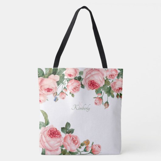 Roos Kleurige Roze Bloemen Initialen Monogram Tote Bag (Voorkant)
