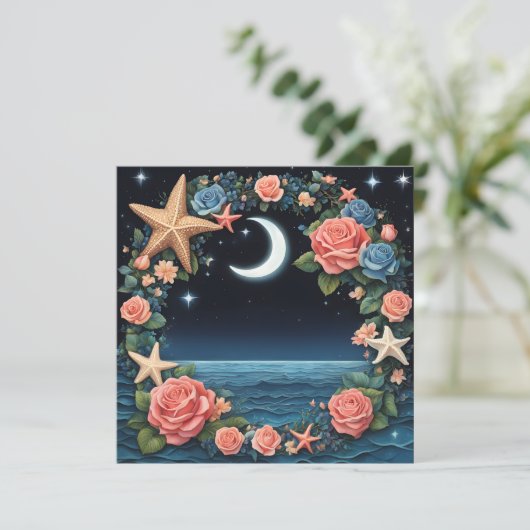 Roos krans zeeschelpen en Moon Ocean Moederdag Feestdagenkaart (Staand voorkant)