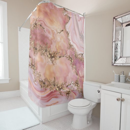 Roos kwarts en pastelroze marmer douchegordijn (In situ)